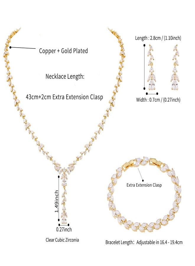 MEEDOZ Bridal Wedding Jewelry CZ Set Marquise Teardrop Cubic Zirconia Pendant Necklace and Dangle Earring Bracelet Sets for Women (Gold plated - 03) - Image 2